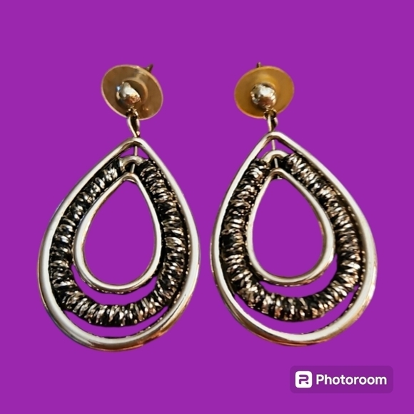 Vintage Metallic Triple Teardrop Spinning Orbital Dangle Post Earrings - Picture 1 of 3